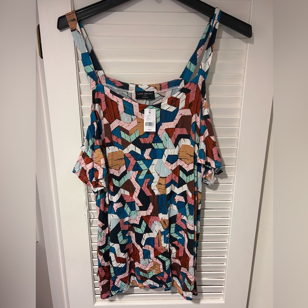 Lane Bryant Teal Pink Black Geometric Cold-Shoulder Top